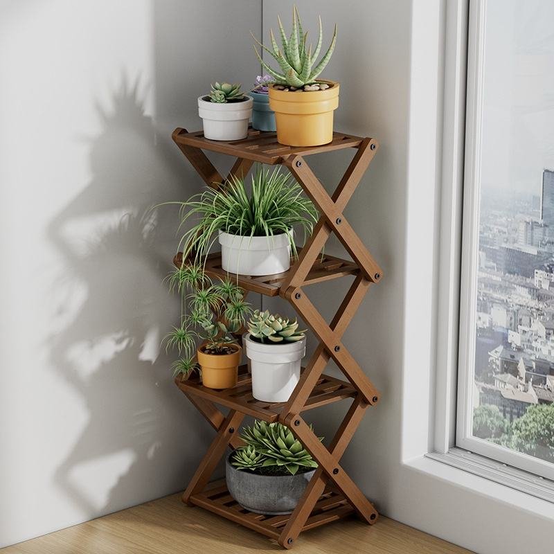 Folding Bamboo Flower Stand Balcony Storage Rack
